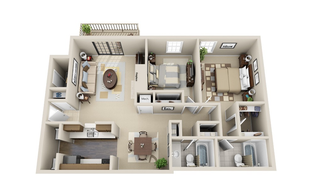 The Traditional - 2 bedroom floorplan layout with 2 baths and 1110 square feet.
